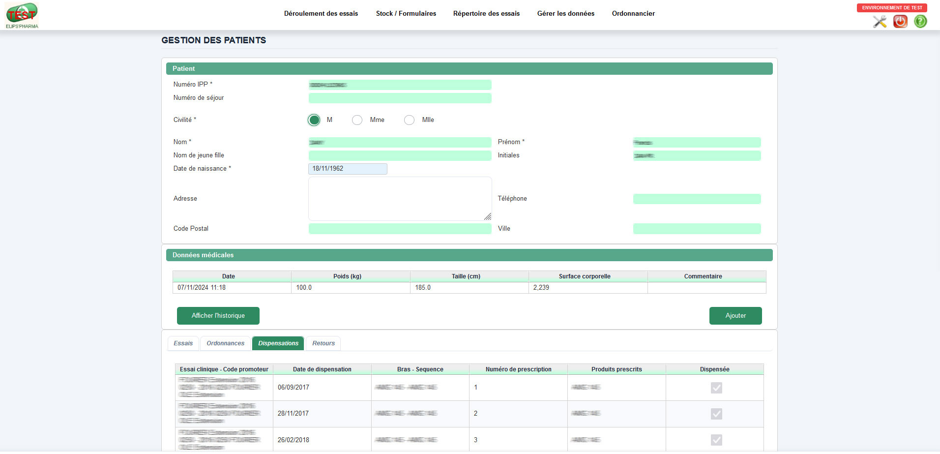 Gestion et détail d'un patient