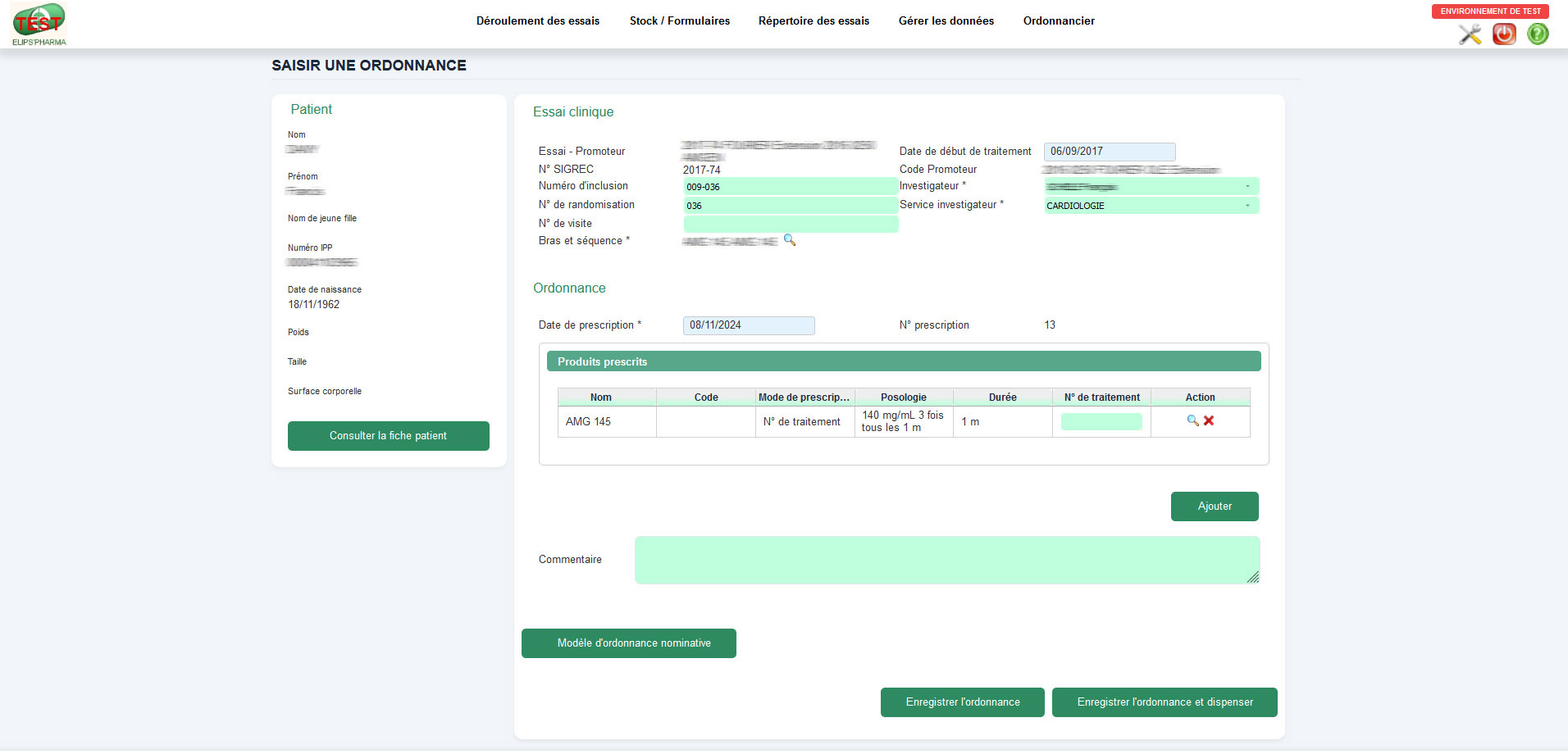 Edition et détail d'une ordonnance